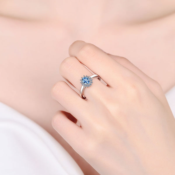 Blue Cushion Cut Halo Diamond Ring | Ouros Jewels